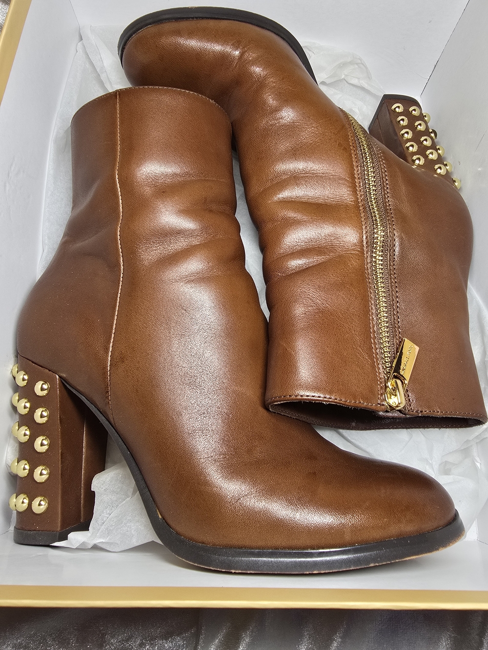 Michael Kors Linden Leather Studded Boots – Mocha Brown (Size 6.5)
